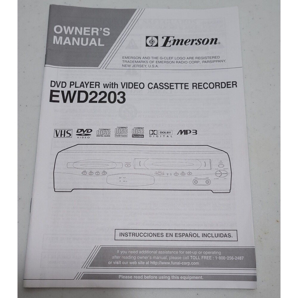 Emerson Owners Manual DVD With Video Cassette Recorder EWD2203 Manual ONLY